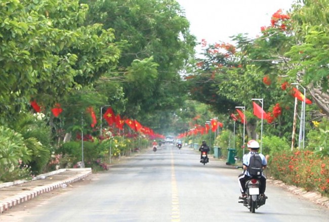 Ngoài phượng, nhiều tuyến đường trên địa bàn huyện  Vĩnh Hưng được trồng hoa, treo cờ tạo ấn tượng cho  người dân, du khách mỗi lần đặt chân đến với vùng đất này