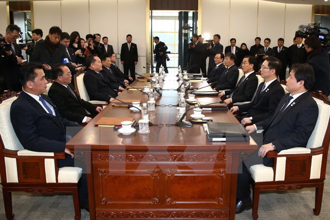 Toàn cảnh cuộc đàm phán cấp cao liên Triều tại làng đình chiến Panmunjom ngày 09/01. (Nguồn: THX/TTXVN)