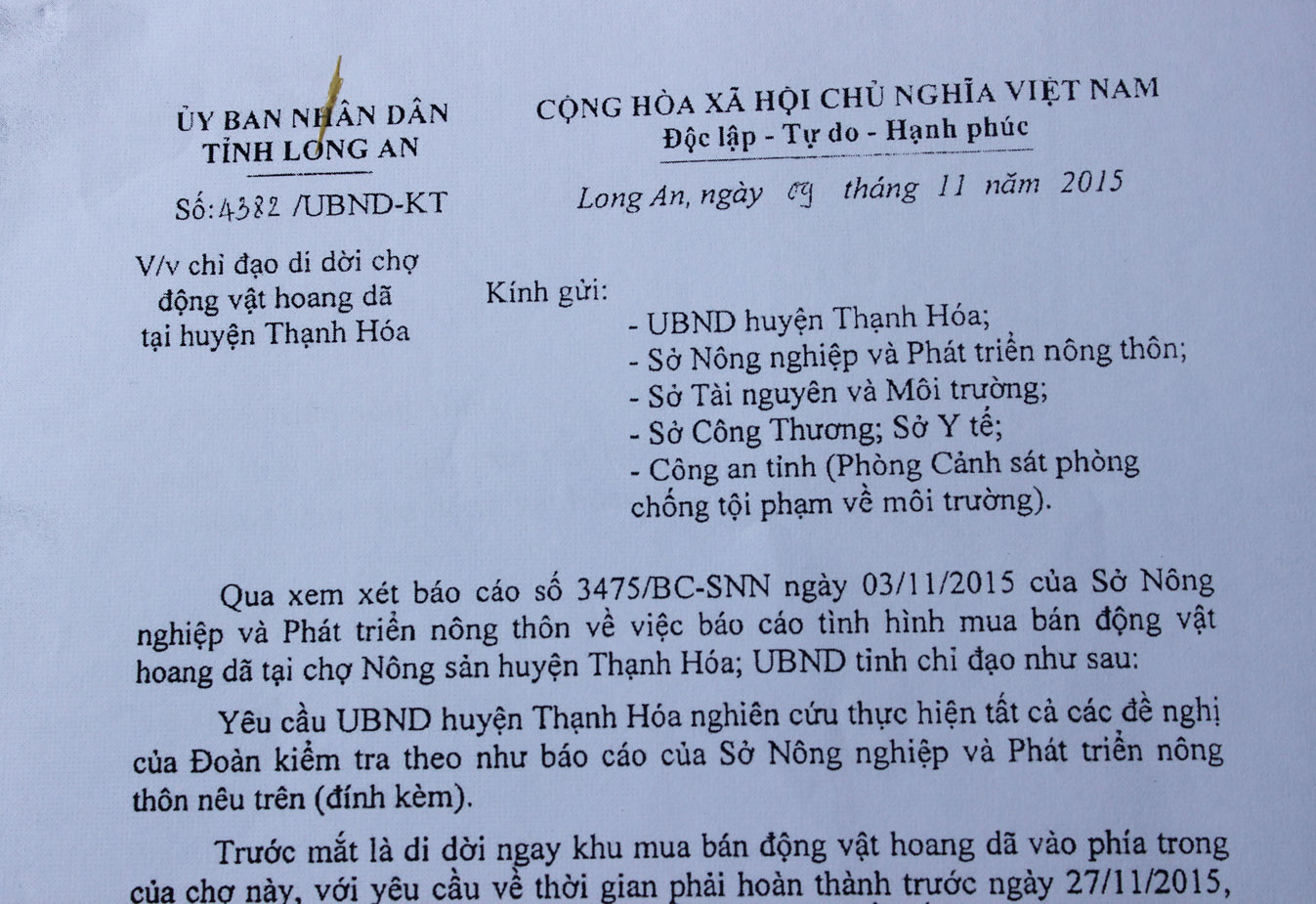 UBND tỉnh từng có Văn bản 4382/UBND-KT yêu cầu di dời chợ vào phía trong trước ngày 27/11/2017