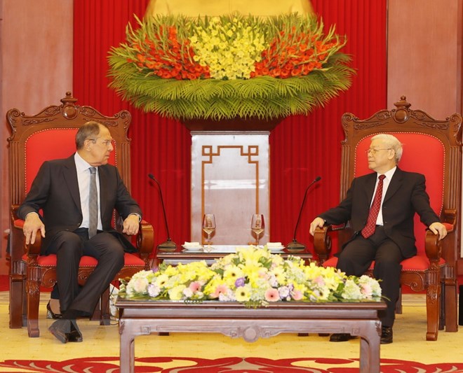 Tổng Bí thư Nguyễn Phú Trọng tiếp Bộ trưởng Ngoại giao Liên bang Nga Sergey Lavrov thăm chính thức Việt Nam. (Ảnh: Trí Dũng/TTXVN)