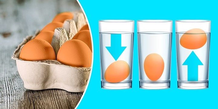 Trứng: Trứng có thể được bảo quản tốt nhất khoảng 3 tuần trong tủ lạnh hoặc 1 năm trong tủ đá, nhưng nếu bạn nghi ngờ những quả trứng bị hỏng, chỉ cần mang một ly hay một bát đầy nước và thả những quả trứng vào đó. Nếu trứng chìm một cách dễ dàng, thì quả trứng này vẫn chưa hỏng. Ngược lại, nếu trứng nổi trên mặt nước, nó đã bị hỏng.