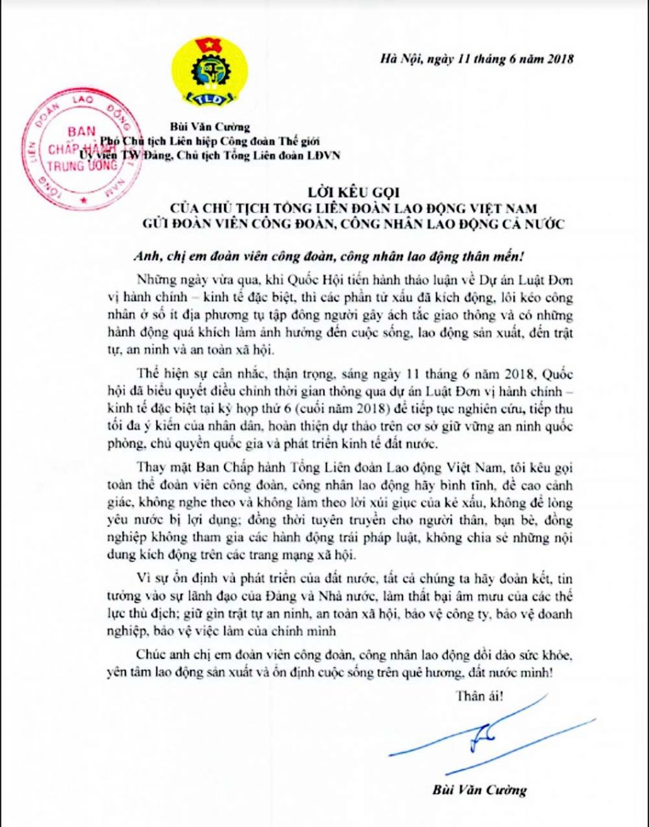 Lời kêu gọi của Chủ tịch Tổng Liên đoàn Lao động Việt Nam – Bùi Văn Cường