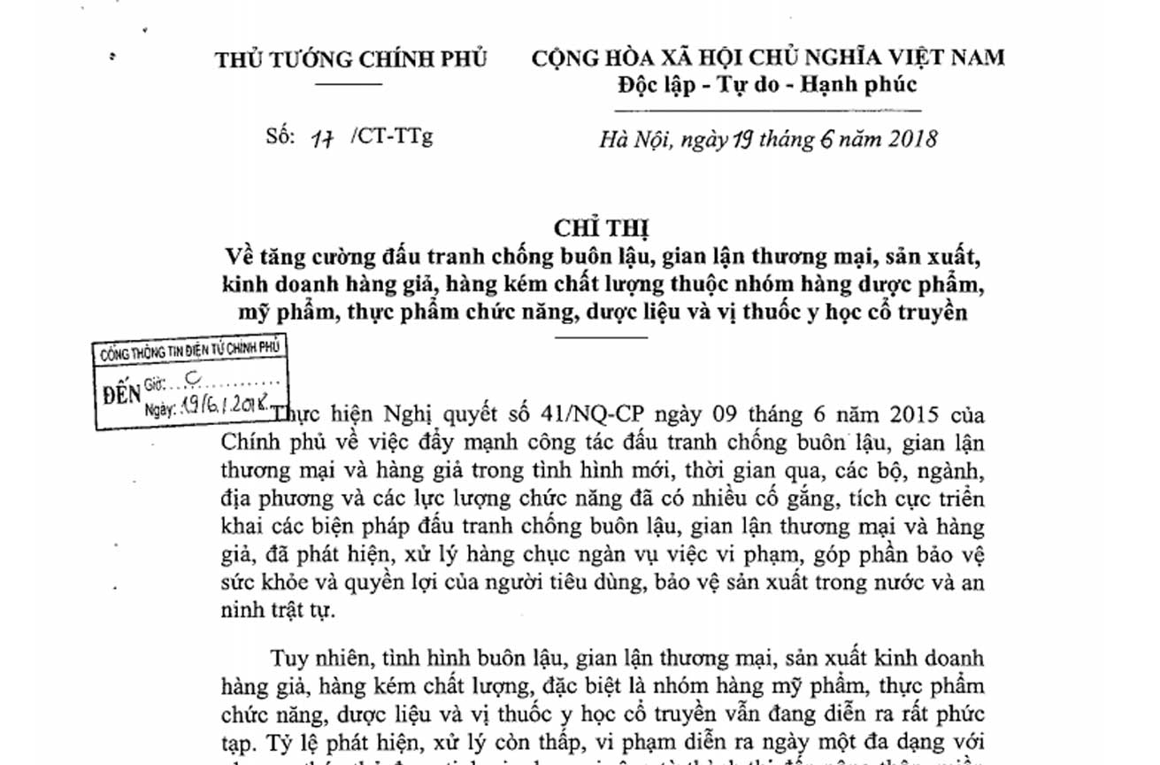 Chỉ thị số 17/CT-TTg, ngày 19/6/2018 của Thủ tướng Chính phủ 