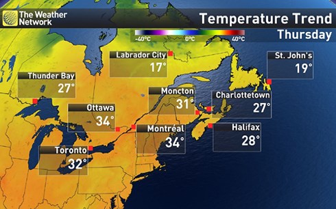Nắng nóng bất thường ở Canada theo dự báo thời tiết ngày 05/7. (Ảnh: The Weather Network)