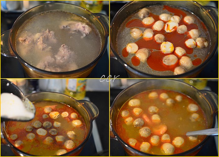 Bước 2: Hầm xương gà cho ra nước ngọt. Cho nấm, tôm và dầu điều vào. Nêm nếm vừa ăn. Bước 3: Pha bột năng với ít nước lạnh, đổ vào nồi bánh canh, khuấy đều để nước sệt lại.