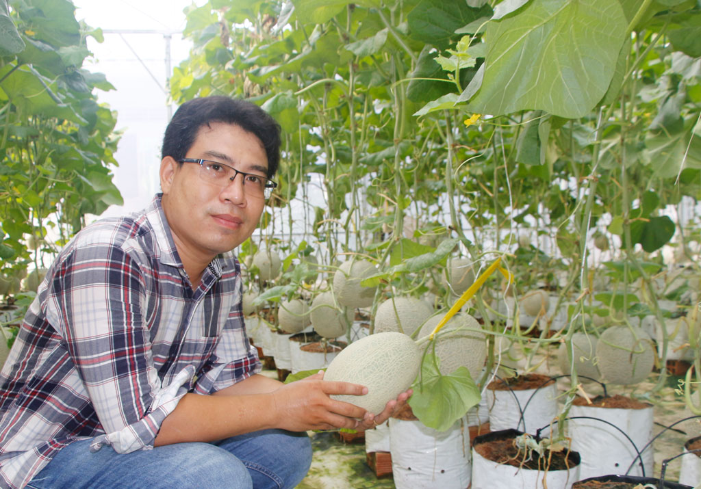 Anh Huỳnh Thanh Thanh Tâm bên mô hình trồng dưa trong nhà màng