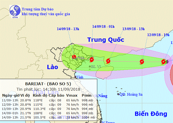 Dự báo vị trí và đường đi của bão số 5. (Nguồn: nchmf.gov.vn)