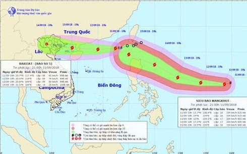 Vị trí và đường đi của bão số 5 và bão Mangkhut.