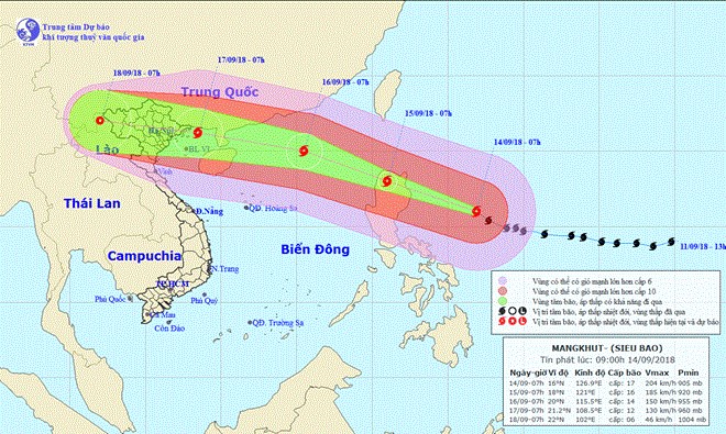 Vị trí và đường đi của siêu bão Mangkhut. (Nguồn: nchmf.gov.vn)