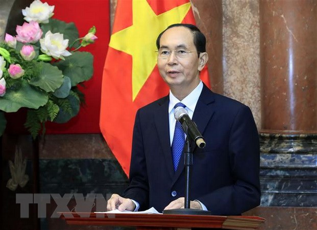 Chủ tịch nước Trần Đại Quang phát biểu tại buổi gặp mặt Đoàn đại biểu cán bộ, chiến sỹ Cảnh sát biển đồng hành cùng ngư dân. (Ảnh: Nhan Sáng/TTXVN)