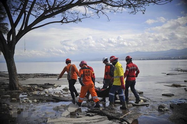 Lực lượng cứu hộ chuyển thi thể nạn nhân sau thảm họa động đất và sóng thần ở tỉnh Trung Sulawesi, Indonesia. (Nguồn: THX/TTXVN)