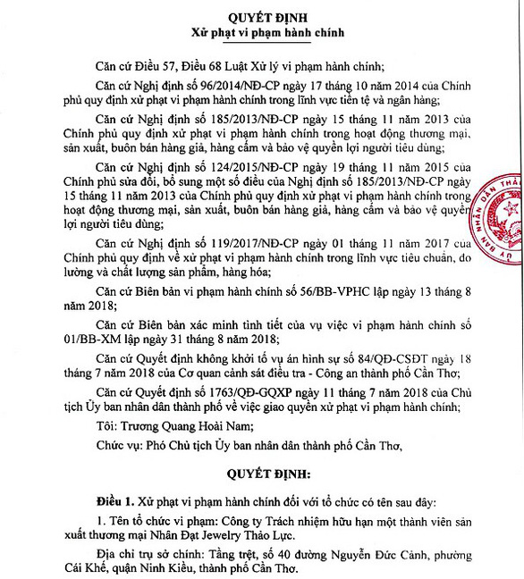 Quyết định xử phạt của UBND TP Cần Thơ - Ảnh: Chí Hạnh