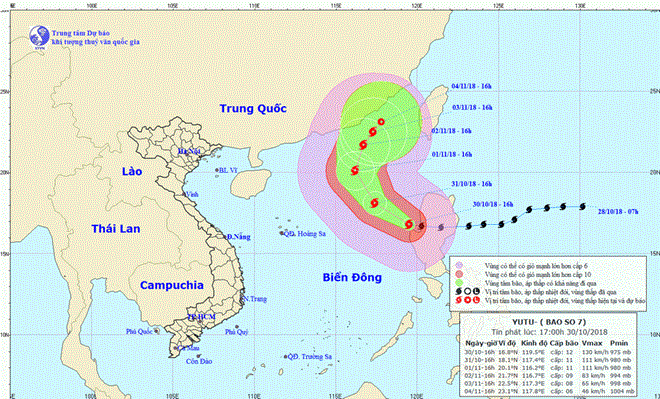 Vị trí và đường đi của bão. (Nguồn: Trung tâm Dự báo Khí tượng Thủy văn Trung ương)