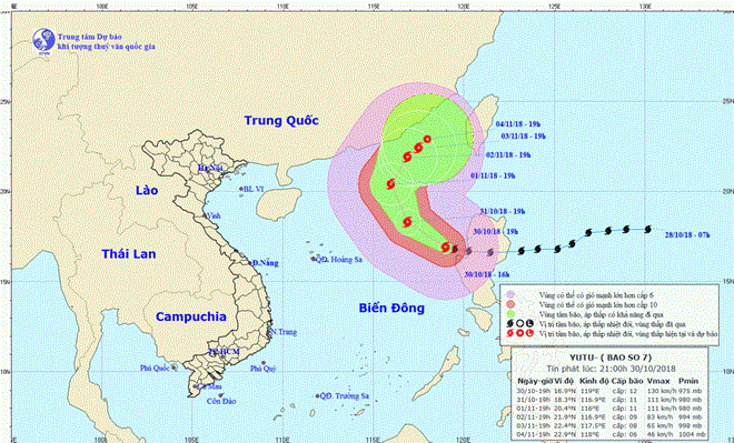 Vị trí và đường đi của bão. (Nguồn: Trung tâm Dự báo Khí tượng Thủy văn Trung ương)