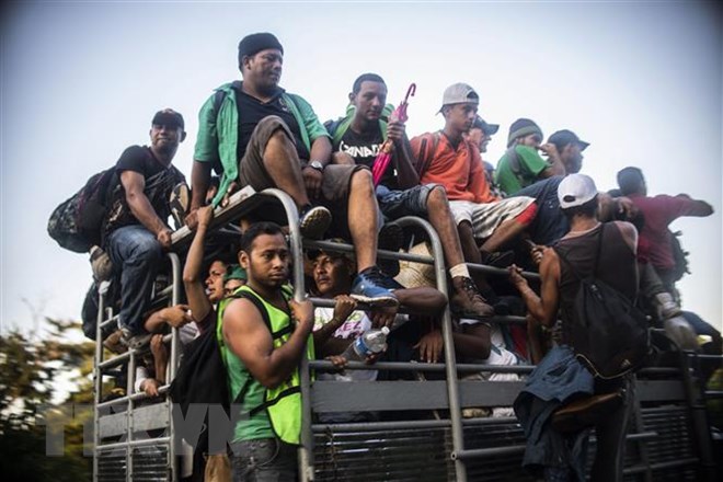 Xe chở người di cư Honduras tại khu vực Mapastepec, bang Chiapas, Mexico trong hành trình tới Mỹ ngày 25/10/2018. (Ảnh: AFP/TTXVN)