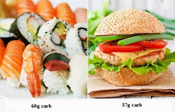 Bạn có thể ăn sushi khi ăn kiêng: Nhiều người cho rằng sushi là loại thức ăn lành mạnh, thế nhưng một suất sushi còn chứa nhiều carbs hơn một chiếc bánh hamberger.