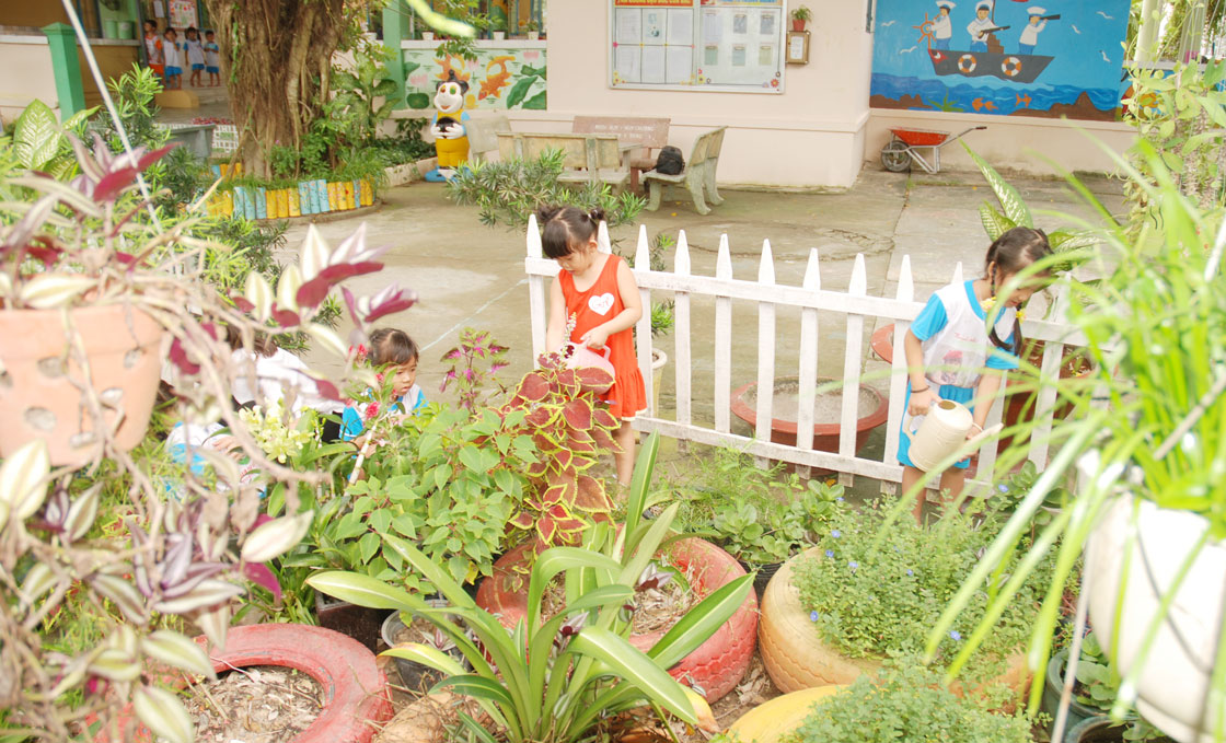 Trẻ tham gia hoạt động trải nghiệm thực tế, chăm sóc vườn hoa