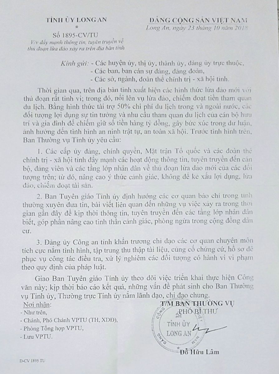 Công văn của Tỉnh ủy yêu cầu các địa phương, ban, ngành, đoàn thể tăng cường tuyên truyền, nêu cao tinh thần cảnh giác trước thủ đoạn lừa đảo mới này