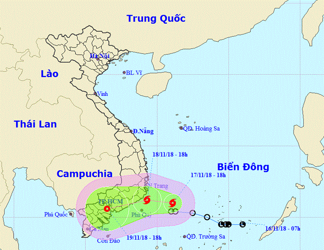 Vị trí và đường đi của bão. (Nguồn: Trung tâm Dự báo Khí tượng Thủy văn Quốc gia)