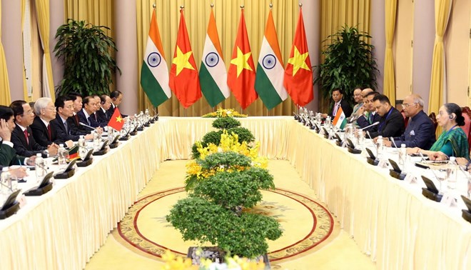 Tổng Bí thư, Chủ tịch nước Nguyễn Phú Trọng hội đàm với Tổng thống Ấn Độ Ram Nath Kovind. (Ảnh: Trí Dũng/TTXVN)