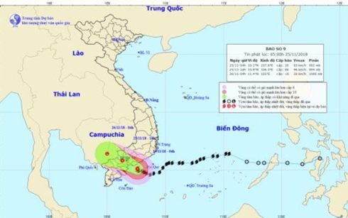 Vị trí và đường đi của cơn bão số 9