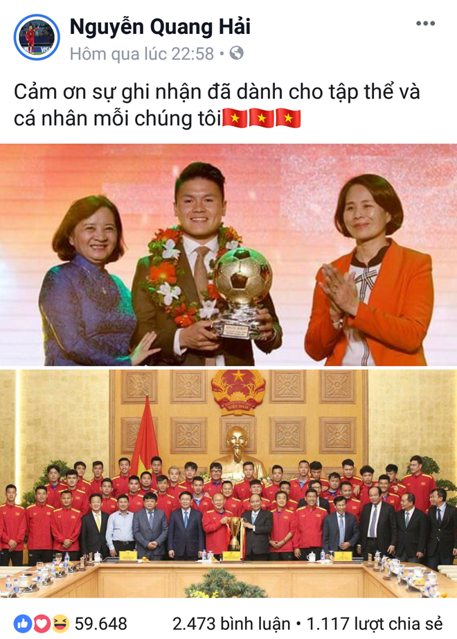 Quang Hải chia sẻ trên facebook cá nhân. (Ảnh chụp màn hình)