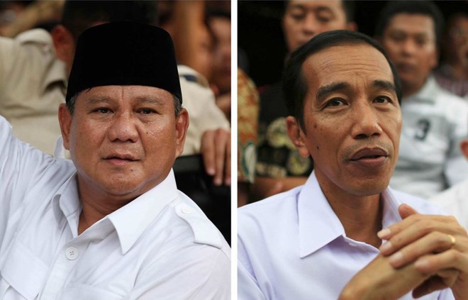 Tổng thống đương nhiệm Joko Widodo (phải) và đối thủ cũ Prabowo Subianto tranh cử tổng thống. (Nguồn: ABC)
