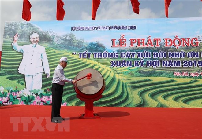 Tổng Bí thư, Chủ tịch nước Nguyễn Phú Trọng đánh trống phát động Tết trồng cây đời đời nhớ ơn Bác Hồ. (Ảnh : Trí Dũng/TTXVN)