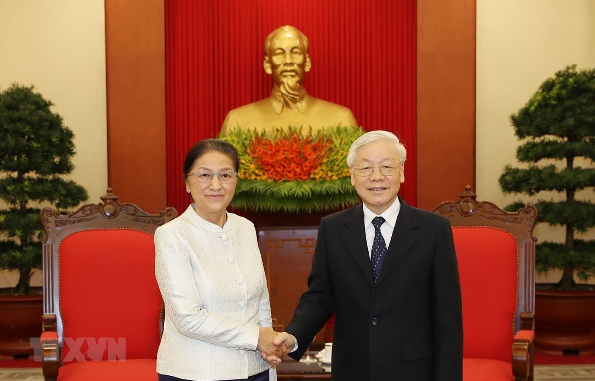 Tổng Bí thư, Chủ tịch nước Nguyễn Phú Trọng tiếp Chủ tịch Quốc hội Lào Pany Yathotou. (Ảnh : Trí Dũng/TTXVN)