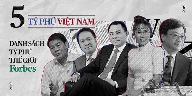 From left: Chairman of Thaco Tran Ba Duong, Chairman of Techcombank Ho Hung Anh, Chairman of Vingroup Pham Nhat Vuong, CEO of Vietjet Air Nguyen Thi Phuong Thao and Chairman of Masan Nguyen Dang Quang are among the most richest people in the world, according to the latest Forbes rankings (Photo: forbesvietnam.com.vn)