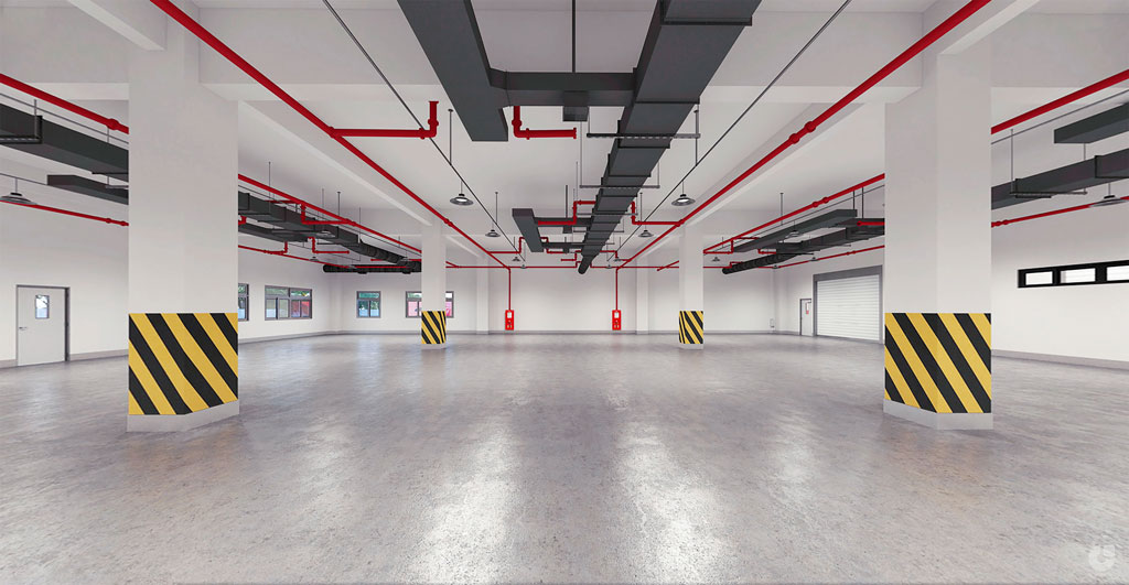 The inside Perspective of high-rise warehouse