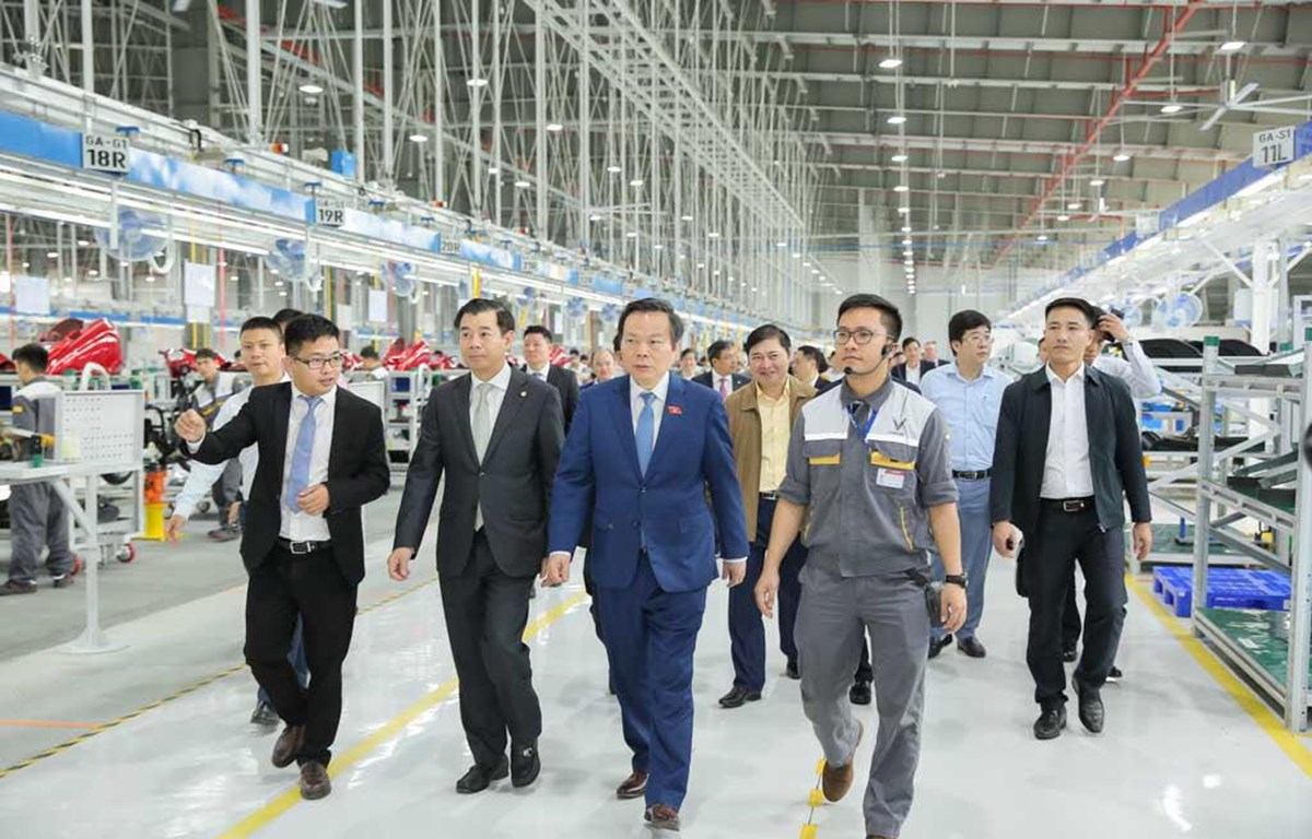 Phó Chủ tịch Quốc hội Phùng Quốc Hiển và đoàn công tác thăm nhà máy VinFast. (Ảnh: PV/Vietnam+)