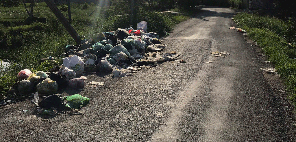 Mặc dù chính quyền địa phương đã cắm bảng cấm đổ rác nhưng một số người vẫn bỏ rác tràn lan ven đường (Ảnh chụp ngày 11/6/2019)