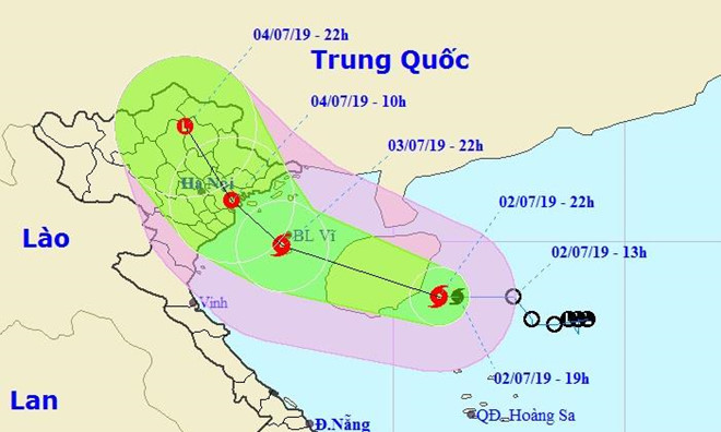 Đường đi và vị trí của cơn bão số 2. Nguồn: Trung tâm Dự báo Khí tượng - Thủy văn quốc gia.