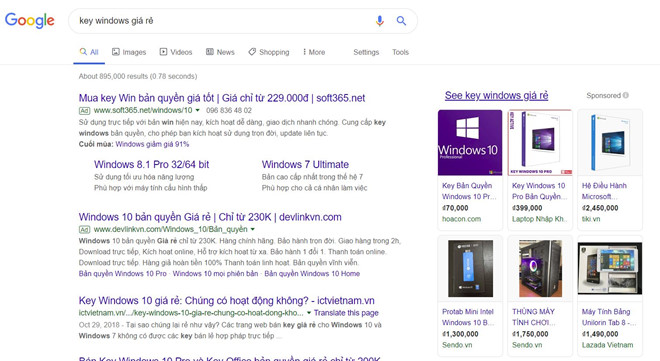 Các trang web chào bán key Windows lậu công khai tràn lan trên mạng. Ảnh chụp màn hình