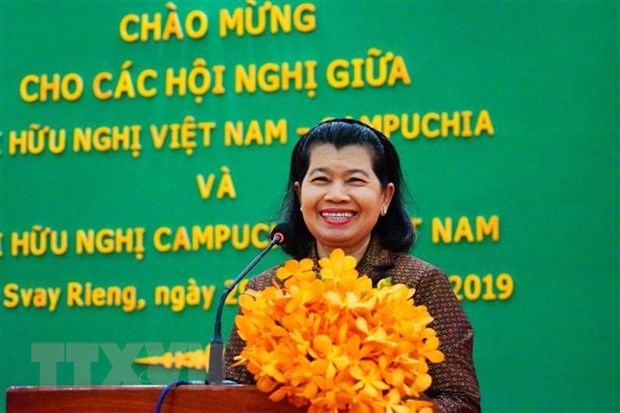 Chủ tịch Hội Hữu nghị Campuchia-Việt Nam, Phó Thủ tướng Men Sam An phát biểu tại Hội nghị. (Ảnh: Trần Long/TTXVN)