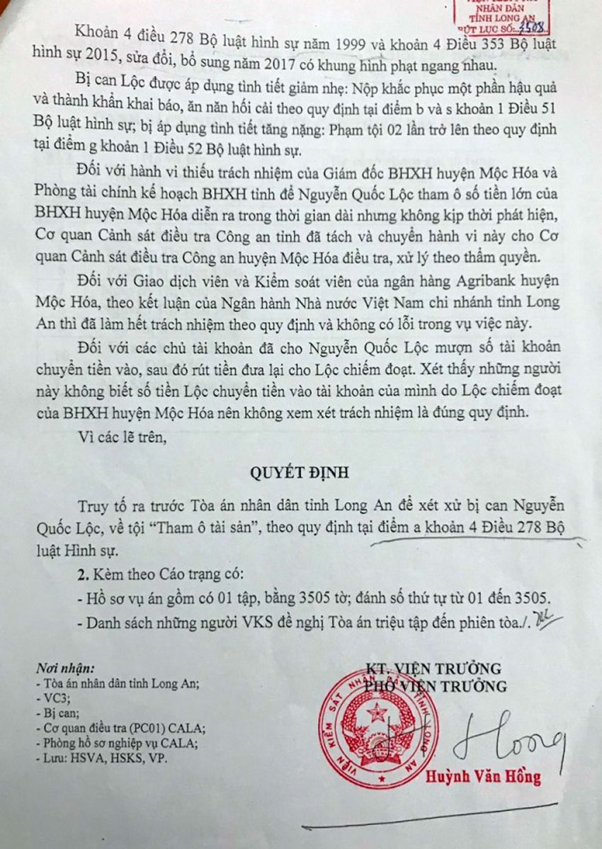 Cáo trạng truy tố bị can Nguyễn Quốc Lộc.