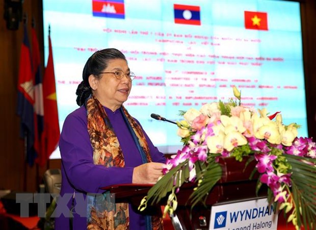 Hội nghị lần thứ 7 Ủy ban Đối ngoại Quốc hội Campuchia-Lào-Việt Nam Phó Chủ tịch Thường trực Quốc hội Tòng Thị Phóng phát biểu. (Ảnh: Dương Giang/TTXVN)