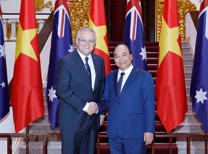Thủ tướng Nguyễn Xuân Phúc và Thủ tướng Australia Scott Morrison tại Trụ sở Chính phủ. (Ảnh: Thống Nhất/TTXVN)