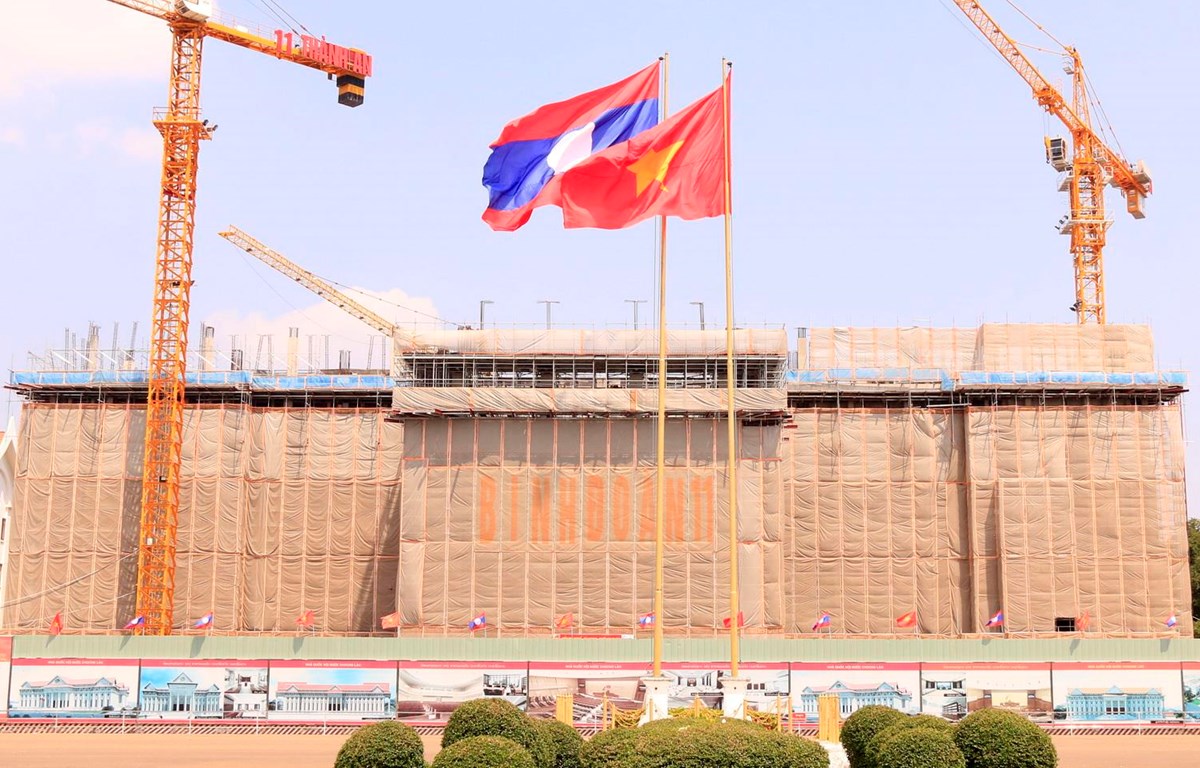 Toàn cảnh Trụ sở Quốc hội mới của Lào đang trong quá trình xây dựng. (Ảnh: Phạm Kiên/Vietnam+)