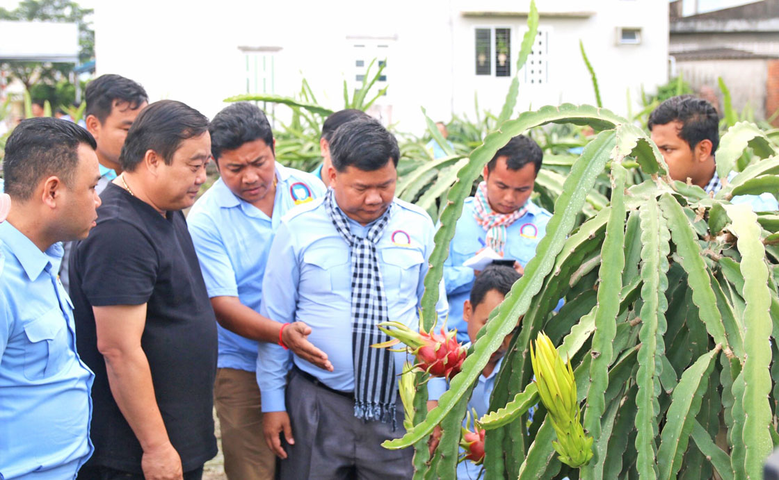 Ông Nguyễn Quốc Trịnh (áo đen) giới thiệu về quy trình sản xuất thanh long sạch với thanh niên tỉnh Svay Rieng, Campuchia