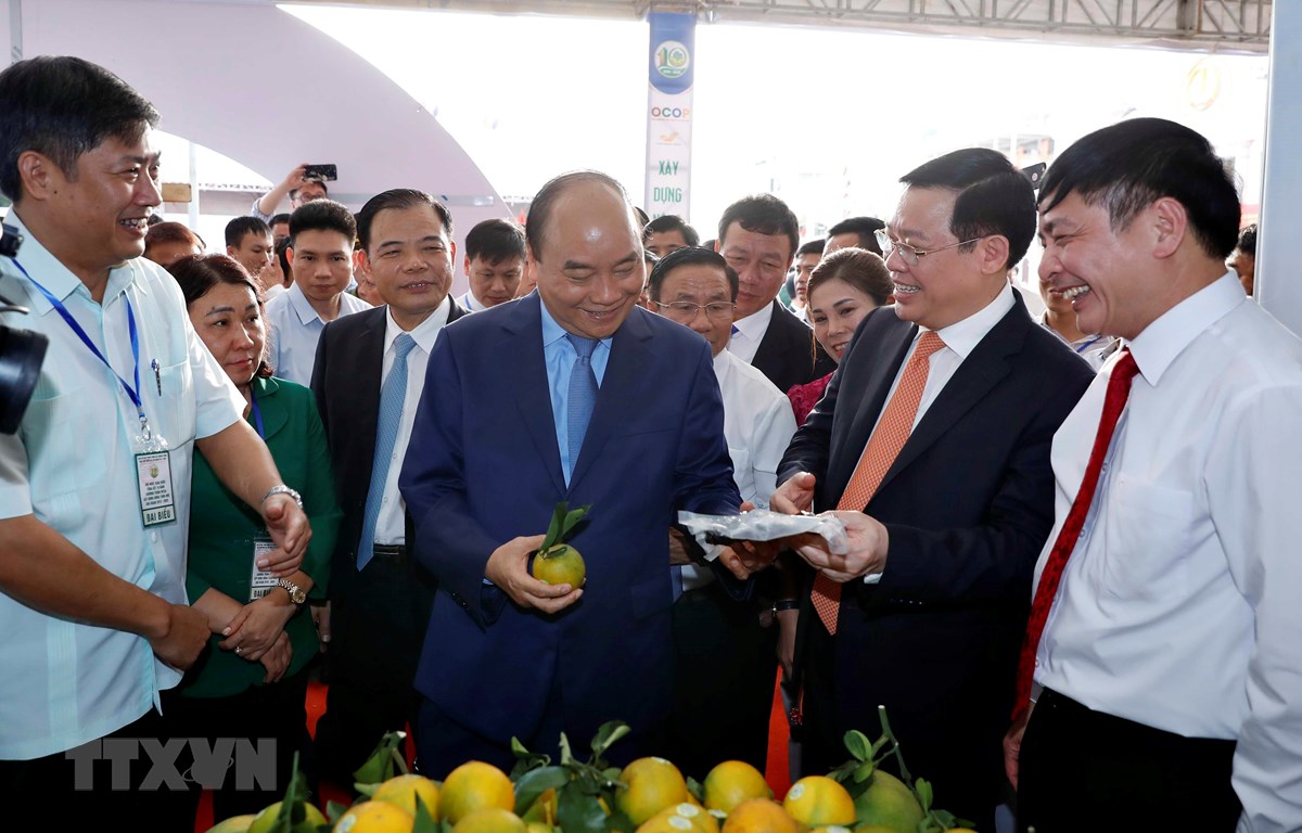 Thủ tướng Nguyễn Xuân Phúc và các đại biểu tham quan các gian hàng trưng bày tại triển lãm. (Ảnh: Thống Nhất/TTXVN)