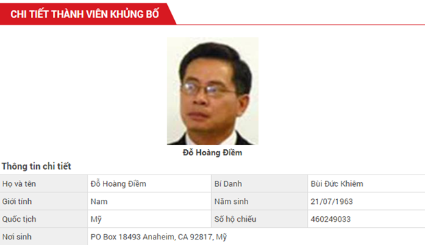 Thông tin về đối tượng Đỗ Hoàng Điềm - chủ tịch tổ chức khủng bố 'Việt Tân' trên Cổng thông tin điện tử Bộ Công an.