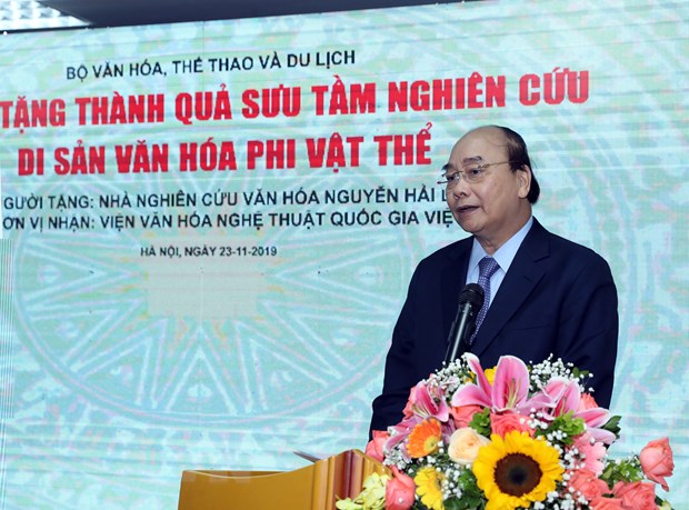 'Phải biến văn hóa trở thành di sản và tạo sinh kế cho người dân' Thủ tướng Nguyễn Xuân Phúc phát biểu. (Ảnh: Thống Nhất/TTXVN)