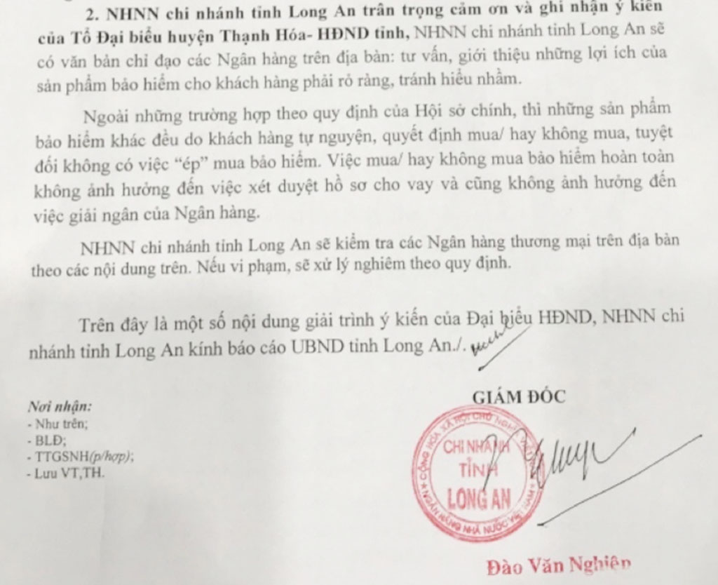 Theo Ngân hàng Nhà nước Chi nhánh tỉnh Long An, ngoài những trường hợp theo quy định của hội sở chính thì những bảo hiểm khác đều do khách hàng tự nguyện quyết định mua hay không mua