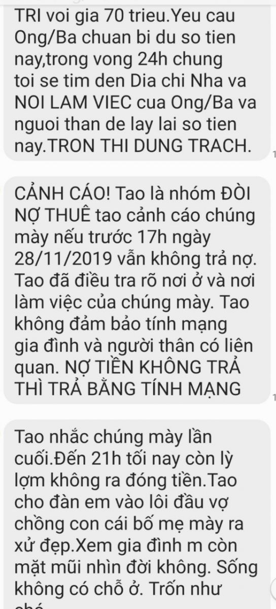 Thời gian qua, gia đình anh Nguyễn Minh Trí thường xuyên nhận được tin nhắn đòi nợ với nội dung khủng bố, đe dọa