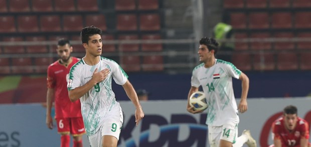 Mohammed Nassif (số 9) mang 1 điểm đầy kịch tính về cho U23 Iraq. (Nguồn: AFC)