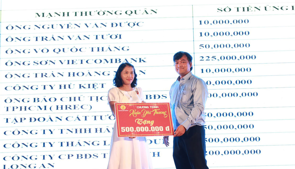 Chủ tịch HĐQT - Tổng Giám đốc Công ty Cổ phần Địa ốc Thắng Lợi – Dương Long Thành trao bảng tượng trưng 500 triệu đồng cho chương trình “Xuân yêu thương 2020”