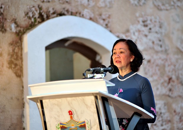 Đồng chí Trương Thị Mai phát biểu khai mạc Hội chợ Sách quốc tế La Habana lần thứ 29. (Ảnh: Lê Hà/TTXVN)