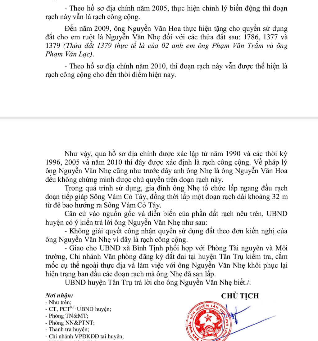 Trả lời của UBND huyện Tân Trụ